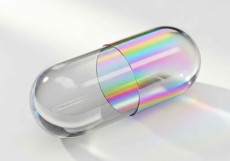 A close-up view of a transparent glass capsule with a rainbow-colored holographic label on a white surfaceの写真素材