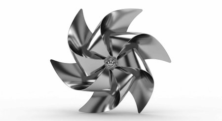A sleek and modern metal fan blade with a shiny surface against a white backgroundの写真素材