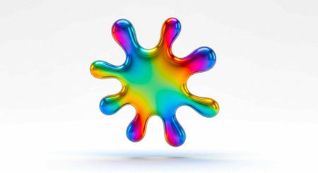 A vibrant, rainbow-colored, shiny, liquid-like object with multiple protrusions against a clean...