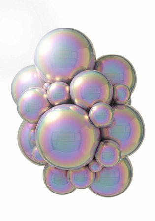 A cluster of iridescent bubbles in various sizes against a white background