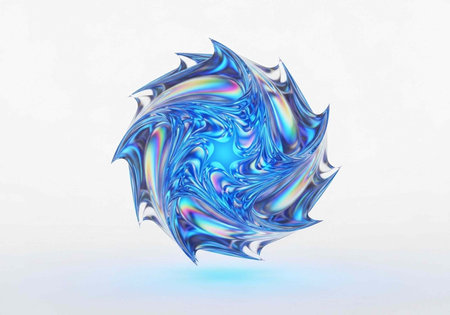 A vibrant blue and silver abstract object with swirling patterns on a white backgroundの写真素材