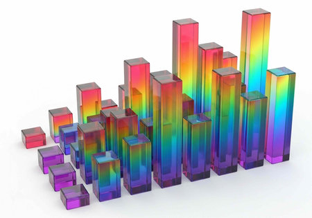 A colorful 3D bar graph with rainbow hues on a white background, representing data and statistics in...