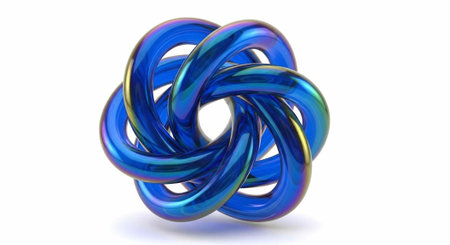 A vibrant blue knot sculpture with a metallic sheen on a white background