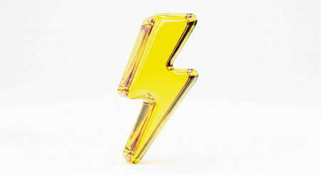 A shiny gold lightning bolt standing alone on a plain white background with a metallic sheen