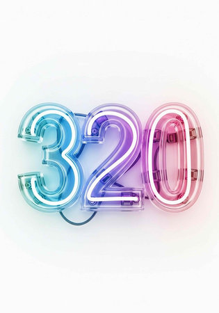 A colorful neon sign displaying the number 320 on a white background