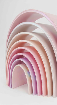 A colorful pink and white rainbow-shaped object on a plain white backgroundの写真素材