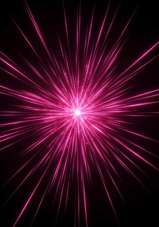 A vibrant pink light explosion against a dark background with radiant beams of energy emanating outwardの写真素材