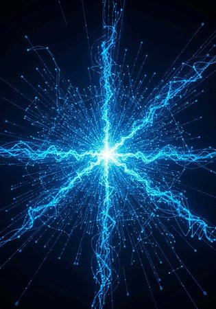 A vibrant blue light radiates from the center of a dark background with electric-like lines and dotsの写真素材