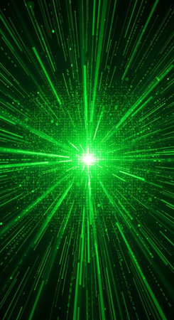 A vibrant green light explosion with radiant lines and digital elements in a dark background
