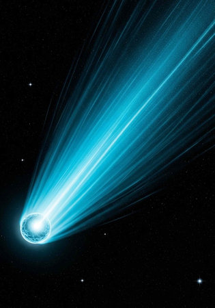 A glowing blue comet streaks across the dark night sky with vibrant streaks of light
