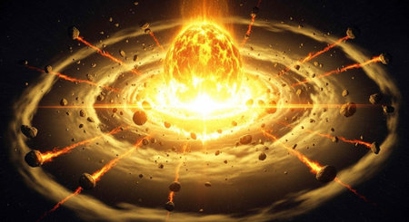 A vibrant and dramatic depiction of a star or planet formation in a swirling vortex of light and...