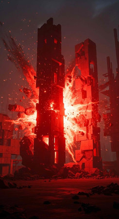 A dramatic explosion destroys a cityscape at night with vibrant red and orange hues illuminating the...