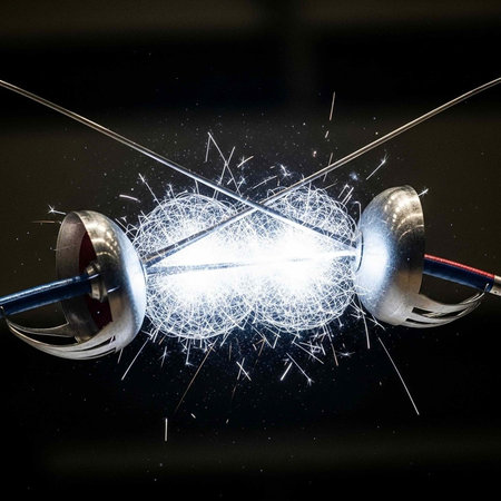 Two fencing swords clash in a dramatic display of sparks and athleticism in a dark background
