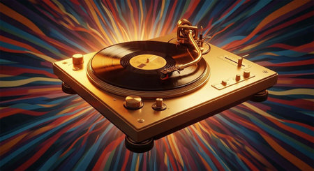 A gold record player sits on a vibrant colorful background with a black vinyl record spinning.