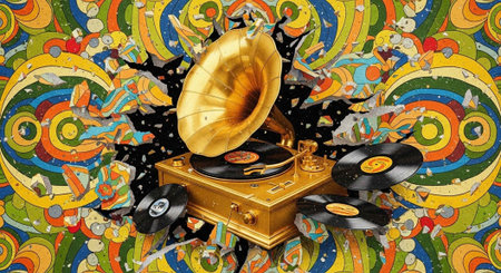 A vibrant illustration of a gramophone surrounded by swirling records and psychedelic patterns