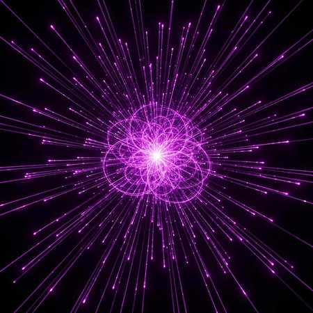 A vibrant purple light explosion with radiant lines and a glowing center in a dark background
