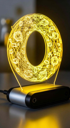A unique yellow wireframe lamp with a circular design sits on a modern desk in a dark room