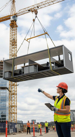 Female worker in hard hat and vest guides crane lifting metal beam at construction site with coworkers.の写真素材