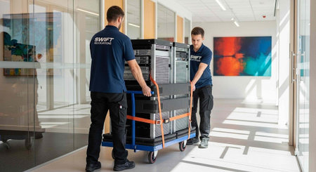 Men pushing a cart with equipment through a bright office space with glass walls and colorful art
