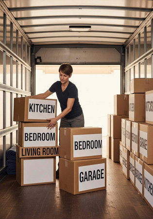 Woman stacking labeled moving boxes in a truck for organized relocation