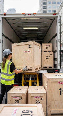A woman in a hard hat and safety vest handles wooden crates marked fragile in a truck.