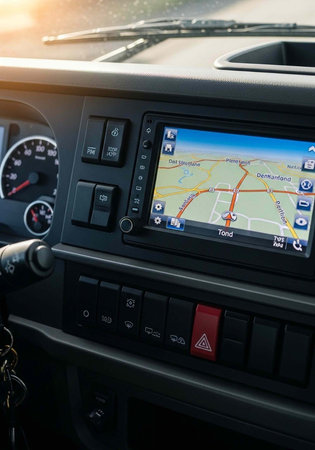 Close-up of car dashboard with GPS map display and control buttons