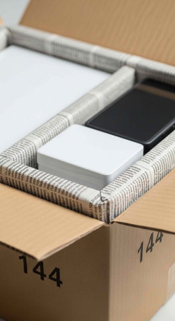 Cardboard box with number 144, lined with newspaper, containing small white and black boxes