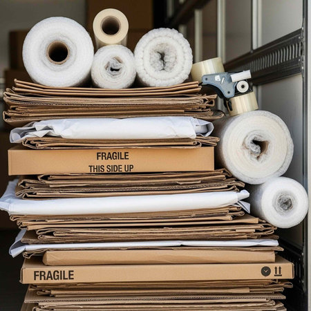 Neatly stacked cardboard boxes and rolls of packing paper and bubble wrap