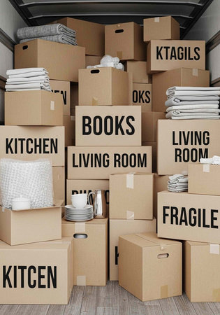 Labeled cardboard boxes stacked with household items in a moving truck