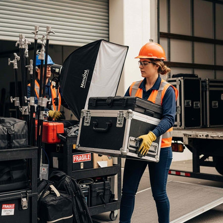 Woman in safety gear carrying black case, surrounded by film equipment and fragile boxes