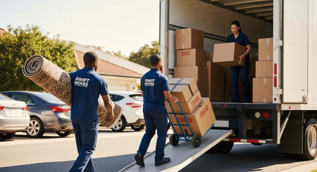 Men in blue uniforms moving boxes and a rug with a truck and cars nearby on a bright day.の写真素材