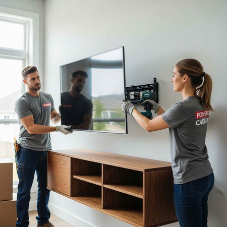 Technicians in gray shirts mounting a TV on a white wall with a wooden console underneath