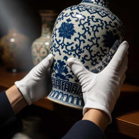 Gloved hands holding a blue and white vase with floral patterns and other vases in background
