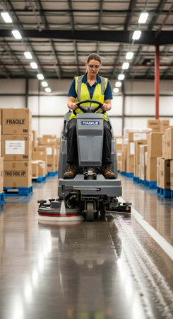 Person in yellow vest operates gray floor cleaner in warehouse with shiny floor and stacked...