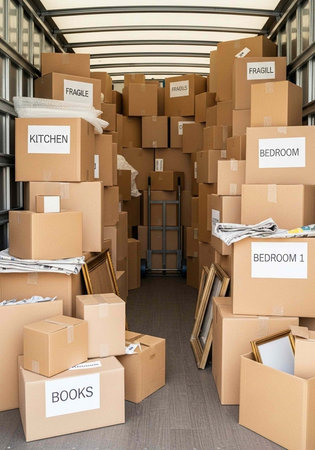 Numerous labeled cardboard boxes stacked in a moving truck with a ladder and fragile items