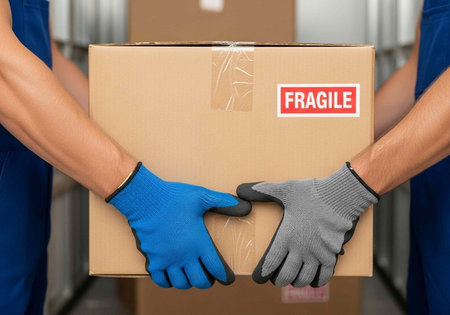 Workers' hands in different colored gloves holding a fragile labeled cardboard box carefully