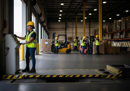 Worker in yellow hard hat and vest uses control panel in warehouse with coworkers, forklifts, and...