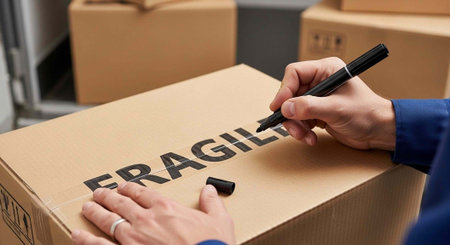Hands writing fragile on a brown cardboard box with a black marker and tape.