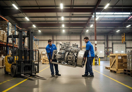 Workers handling industrial engine in warehouse with equipment and storage