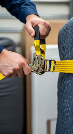 Person's hands adjusting a yellow ratchet strap with a metal buckle in a warehouse setting