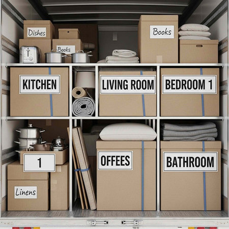 A moving truck filled with labeled cardboard boxes and household items neatly arranged