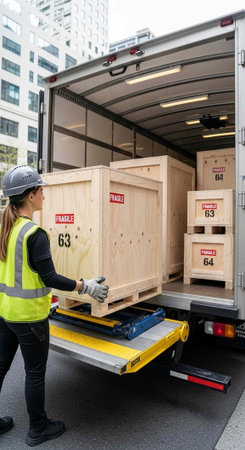 Woman in hard hat and vest loading crates marked 63 and 64 into truck.