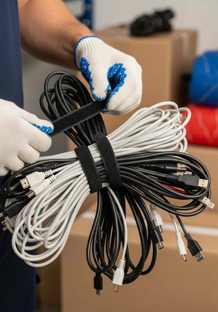 A person wearing gloves holds a bundle of black and white cables with zip ties in a warehouse.