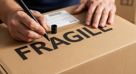 Close-up of hands writing on a cardboard box marked fragile with a black pen.