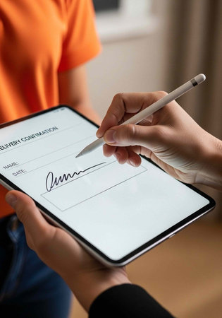 Person signing digital document on tablet with stylus, another person in orange shirt assisting