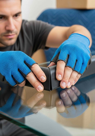 A man in blue gloves holds a black object on a reflective glass surface with cardboard boxes nearby