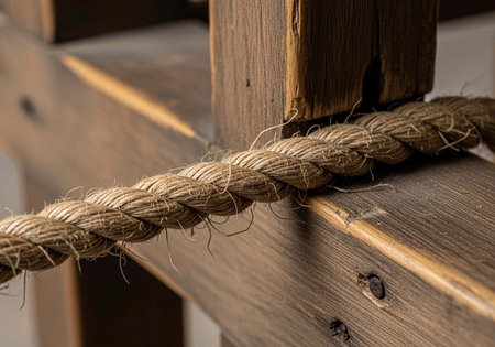A sturdy brown rope wrapped around a wooden beam with visible wood grain and texture.