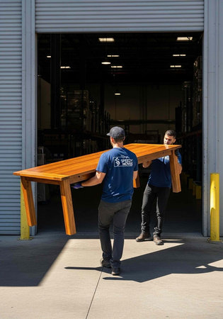 Men in blue shirts moving a wooden table from warehouse with gray exterior and open door.