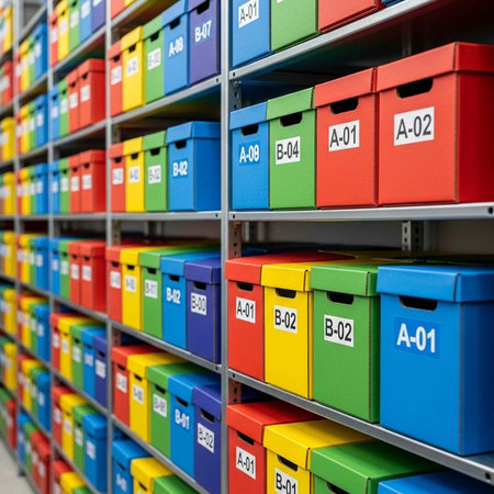 Multicolored labeled storage bins on metal shelves in a tidy storage room or office space