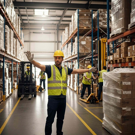 Man in safety gear standing in warehouse aisle with coworkers and storage racks in the background